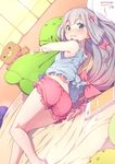  artist_name ass azumi_akitake bangs bare_arms bare_shoulders bedroom blue_eyes blush book bow colored_eyelashes copyright_name curtains dutch_angle embarrassed eromanga_sensei eyebrows_visible_through_hair from_behind gradient_hair grey_hair hair_bow indoors izumi_sagiri long_hair looking_at_viewer looking_back low-tied_long_hair lying multicolored_hair object_hug on_bed on_side pajamas parted_lips pink_bow pink_hair signature silver_hair solo stuffed_animal stuffed_octopus stuffed_toy teddy_bear thighs wavy_mouth 