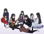  6+girls :d aged_down aged_up ankle_socks araya_(project_moon) baby backpack bag barefoot black_jacket black_leggings black_pants black_shirt black_shoes black_skirt black_sweater black_vest blue_bow blue_bowtie blue_jacket blue_kimono blue_necktie blue_pants blue_sash blue_streaks blue_suit blunt_bangs blush bow bowtie brown_jacket butterfly_print_kimono carrying carrying_baby carrying_person child closed_eyes closed_mouth commentary curtained_hair dress english_commentary food fruit futou_ryouko grey_eyes guitar hair_bow hand_on_own_chin hand_up hashtag-only_commentary headdress holding holding_food holding_fruit holding_strap holding_toy holding_watermelon hood hoodie indian_style instrument jacket jacket_on_shoulders japanese_clothes kimono lapels leg_up leggings limbus_company long_hair long_sidelocks long_sleeves lying mother_and_daughter multiple_girls multiple_persona music necktie notched_lapels obi on_lap on_stomach open_clothes open_hands open_jacket pants peekaboo pinafore_dress playing_guitar playing_instrument pleated_skirt project_moon randoseru red_bag red_bow red_dress red_eyes red_hoodie ryoshu_(project_moon) sash school_uniform seiza shirt shoes short_hair sidelocks simple_background sitting skirt sleeveless sleeveless_dress smile sneakers socks spoilers squatting stuffed_animal stuffed_duck stuffed_toy suit suit_jacket sweater the_pose thigh_strap tie_clip time_paradox toes toy track_jacket track_pants vest watermelon watermelon_slice white_background white_shirt white_shoes white_socks wide_sleeves 