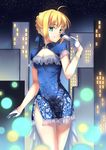  absurdres ahoge artoria_pendragon_(all) blonde_hair blue_dress blue_ribbon bracelet breasts china_dress chinese_clothes cleavage cleavage_cutout cowboy_shot dress eyebrows_visible_through_hair fate/stay_night fate_(series) gloves gogatsu_fukuin green_eyes hair_between_eyes hair_ribbon half_gloves highres holding jewelry looking_at_viewer medium_breasts ribbon saber short_dress sidelocks sleeveless sleeveless_dress smile solo standing white_gloves 