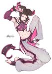  1girl artist_request bare_shoulders barefoot black_hair breasts capcom detached_sleeves feet fingerless_gloves gloves han_juri long_hair no_shoes purple_eyes short_hair sideboob solo source_request street_fighter street_fighter_iv toeless_socks toenail_polish toes twintails 