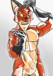  2017 abs anthro armpits black_fur black_nose brown_fur canine clothed clothing digital_media_(artwork) fox fur inner_ear_fluff irohasu0228 looking_at_viewer male mammal mde multicolored_fur muscular nude orange_fur pinup pose shiny simple_background solo standing tuft volt_kruei white_background white_fur yellow_eyes 