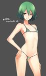  ass_visible_through_thighs bare_shoulders bikini blush bob_cut breasts closed_mouth collarbone cowboy_shot green_eyes green_hair grey_background hair_between_eyes hand_on_hip hand_on_own_thigh highres legs_apart looking_at_viewer micro_bikini midorikawa_yuhata mole navel sakuma_tsukasa short_hair sidonia_no_kishi simple_background small_breasts solo standing striped striped_bikini swimsuit 