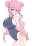  1girl absurdres blue_eyes blue_one-piece_swimsuit blush bocchi_the_rock! breasts commentary covered_navel double_bun gotoh_hitori hair_bun highres jacket korean_commentary large_breasts looking_at_viewer metaljelly one-piece_swimsuit open_clothes open_jacket open_mouth pink_hair pink_jacket school_swimsuit sidelocks simple_background swimsuit thighs track_jacket white_background 