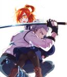  0nodera 1boy 1girl black_pantyhose blue_eyes boots carrying denim fate/grand_order fate_(series) fujimaru_ritsuka_(female) fujimaru_ritsuka_(female)_(anniversary_blonde) grey_hair holding holding_sword holding_weapon jeans nagakura_shinpachi_(fate) notched_ear one_side_up orange_eyes pants pantyhose princess_carry scar scar_on_arm scar_on_face shirt sword torn_clothes torn_jeans torn_pants weapon white_shirt 