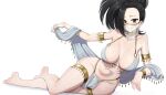  1girl absurdres armlet bare_shoulders black_eyes black_hair boku_no_hero_academia breasts earrings goback gold_armlet gold_earrings gold_thighlet harem_outfit highres jewelry large_breasts light_smile mouth_veil pelvic_curtain ponytail reclining revealing_clothes shawl simple_background skindentation teardrop_earrings thighlet veil white_background white_loincloth white_shawl yaoyorozu_momo 