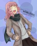  1girl 4chan blue_background breasts circle cold dated drill_hair groundzeroace jacket katawa_shoujo laughing long_hair mikado_shiina pink_hair scarf shirt short_hair smile 