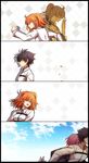  2girls blue_sky checkered checkered_background choco_taberusan fate/grand_order fate_(series) fou_(fate/grand_order) fujimaru_ritsuka_(female) fujimaru_ritsuka_(male) jewelry mash_kyrielight multiple_boys multiple_girls ponytail ring romani_archaman running sky spoilers waving 