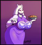  2017 5_fingers anthro big_breasts breasts caprine clothed clothing edit eyebrows eyelashes female food goat horn huge_breasts mammal mature_female pie shaw smile solo thick_thighs toriel undertale video_games wide_hips 