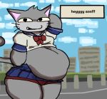 2025 anthro asian_clothing awakecore black_eyes black_teeth blue_bottomwear blue_clothing blue_shirt blue_skirt blue_topwear bottomwear brown_clothing brown_underwear building city clothing digital_media_(artwork) domestic_cat east_asian_clothing english_text exclamation_point fangs felid feline felis fur grey_body grey_ears grey_fur grey_hair grey_tail hair half-closed_eyes hand_behind_back hand_behind_head hand_behind_own_head japanese_clothing japanese_school_uniform looking_at_viewer male mammal moobs multicolored_body multicolored_clothing multicolored_fur multicolored_shirt multicolored_topwear narrowed_eyes obese obese_anthro obese_male outside overweight overweight_anthro overweight_male ps2_cat_(alienmyth64) school_uniform sharp_teeth shirt skirt smile solo standing tail teeth text text_box topwear two_tone_body two_tone_clothing two_tone_fur two_tone_shirt two_tone_topwear underwear uniform white_clothing white_shirt white_topwear