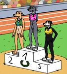  animal_genitalia animal_pussy arena athlete blush bottomless bra canine canine_pussy clothed clothing dog female greyhound kinaj mammal medal mica_(kinaj) multi_nipple nipples podium pussy sport tailwag tongue underwear 