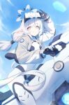  1girl absurdres adjusting_goggles astra_chichi black_gloves blue_archive blue_sky bodysuit closed_mouth commentary_request covered_navel cowboy_shot elf gloves hair_tubes halo hand_on_handle head-mounted_display highres himari_(blue_archive) himari_(bodysuit)_(blue_archive) hover_bike hover_vehicle lens_flare long_hair looking_at_viewer mole mole_under_eye motor_vehicle motorcycle multicolored_halo official_alternate_costume on_motorcycle outdoors pointy_ears purple_eyes single_hair_tube sky smile solo two-tone_halo white_bodysuit white_hair white_halo 