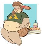  anthro beverage blush clothed clothing doughnut ear_piercing eyes_closed female food lagomorph mammal mochi-squish obese overweight piercing rabbit smile solo 