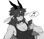 2026 anthro biped black_horn breasts chabett claws cleavage clothed clothed_anthro clothed_female clothing collar digital_drawing_(artwork) digital_media_(artwork) dragon electronics female fingers front_view fur hair holding_object holding_phone horn monochrome mythological_creature mythological_scalie mythology pgm300 phone scalie simple_background sitting solo white_background