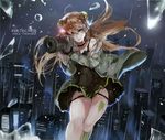  ahoge aiming aiming_at_viewer broken_glass brown_hair bullpup character_name choker cityscape copyright_name double_bun dress fur_trim girls_frontline glass green_eyes gun highres jacket kel-tec kel-tec_rfb long_hair off_shoulder rain rfb_(girls_frontline) rifle solo suppressor tattoo thigh_strap vardan weapon 