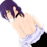  1girl back backlighting black_choker chainsaw_man choker commentary dutch_angle from_behind green_eyes hair_between_eyes hair_bun highres isuke_(isuke_now) looking_back off_shoulder purple_hair reze_(chainsaw_man) shirt single_hair_bun solo upper_body white_shirt 