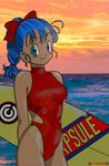 absurdres bare_shoulders blue_eyes blue_hair bow braid bulma casual_one-piece_swimsuit closed_mouth cloud commentary covered_collarbone cowboy_shot dark_skin darth_pravius dragon_ball dragon_ball_z halterneck high_ponytail highleg highleg_swimsuit highres long_hair looking_at_viewer ocean one-piece_swimsuit outdoors ponytail red_bow red_swimsuit shiny shiny_skin side_cutout single_braid skin_tight smile solo sunlight sunset surfboard swimsuit tan turtleneck 
