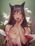  ahri animal_ears backlighting bare_shoulders black_hair blurry blurry_background breast_squeeze breasts brown_hair chromatic_aberration cleavage collarbone detached_sleeves facial_mark fangs fingernails flower foreshortening fox_ears gradient gradient_background grey_background hand_on_own_cheek heart heart-shaped_pupils highres huge_breasts instant_ip korean_clothes league_of_legends lips long_fingernails long_hair looking_at_viewer open_mouth petals pink_lips pinky_out pointing pointing_at_viewer sharp_fingernails smile solo symbol-shaped_pupils upper_body whisker_markings yellow_eyes 