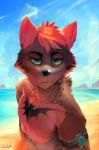  2017 anthro athletic beach black_fur blue_eyes canine clock detailed detailed_background digital_media_(artwork) fur hi_res looking_at_viewer male mammal nude oselotti outside red_fur sand seaside smile solo standing tuft water wolf 