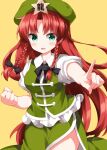  1girl beret black_bow black_bowtie blush bow bowtie braid breasts clenched_hand collared_shirt commentary cowboy_shot green_eyes green_hat green_skirt green_vest hat hat_ornament highres hong_meiling long_hair looking_at_viewer medium_breasts open_mouth pointing pointing_at_viewer puffy_short_sleeves puffy_sleeves red_hair ruu_(tksymkw) shirt short_sleeves side_slit simple_background skirt solo star_(symbol) star_hat_ornament touhou twin_braids very_long_hair vest white_shirt yellow_background 