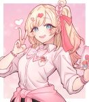  1girl :d absurdres bead_bracelet beads black_choker blonde_hair blue_eyes bow bowtie bracelet breast_pocket cellphone_charm charm_(object) chinese_commentary choker clothes_around_waist collared_shirt commentary_request english_commentary facial_mark gyaru hair_ornament hair_ribbon hair_scrunchie heart heart_facial_mark heart_hair_ornament highres holding holding_phone jacket jacket_around_waist jewelry kedarui_aashii kimi_no_koto_ga_dai_dai_dai_dai_daisuki_na_100-nin_no_kanojo kogal looking_at_viewer loose_bowtie mark_under_eye mixed-language_commentary nail_polish ohananomitsu_high_school_uniform open_mouth pentarou_(hyakkano) phone pigsir13152 pink_background pink_bow pink_bowtie pink_jacket pink_nails pink_ribbon pink_scrunchie pocket ribbon ring school_uniform scrunchie shirt simple_background smile solo upper_body v white_shirt wing_collar wristband 