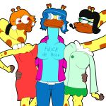  1:1 absurd_res anthro beatrice_(doobus_goobus) big_breasts blue_tongue breast_squish breasts brenda_(doobus_goobus) clothed clothing doobus_goobus_(copyright) dress ear_piercing ear_ring female giraffe giraffid group hair hi_res hoodie jewelry lewdware mammal necklace piercing ring_piercing scarf sophie_(doobus_goobus) squish text text_on_clothing tongue tongue_out topwear trio 