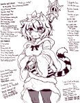  1girl absurdres animal_ears animal_print blush breasts closed_mouth dress english_text fang greyscale hagoromo highres long_sleeves looking_at_viewer medium_breasts medium_hair monochrome multicolored_hair rampa93 shawl skin_fang solo streaked_hair tail thighhighs tiger_ears tiger_girl tiger_print tiger_tail toramaru_shou touhou wide_sleeves 