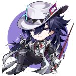  1boy absurdres ashveil_(honkai:_star_rail) badge black_hair boots bright_pupils cane chibi coattails crescent earrings fedora full_body gloves gradient_hair grey_eyes hair_between_eyes hashtag-only_commentary hat hat_ornament highres honkai:_star_rail honkai_(series) jacket jewelry light_smile long_hair male_focus multicolored_hair necklace pants platform_boots single_earring tailcoat turtleneck very_long_hair zhi_zhi_(zhizhi0921) 