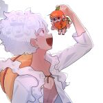  1boy 1girl athydrawz commentary_request food fruit gear_fifth hat highres looking_at_another mandarin_orange monkey_d._luffy nami_(one_piece) one_piece open_clothes open_mouth open_shirt orange_hair red_eyes shirt straw_hat transformation unworn_hat unworn_headwear white_hair white_shirt 