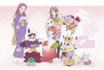  3girls bird brown_hair character_request commentary digimon digimon_(creature) digimon_adventure_02 full_body glasses group_picture hawkmon japanese_clothes kimono lanlllan long_hair medium_hair multiple_girls pink_kimono piyomon purple_hair purple_kimono round_eyewear short_hair tailmon takenouchi_sora white_kimono yagami_hikari 
