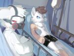 2023 4:3 anthro bed black_briefs black_clothing black_underwear blue_eyes boxwater briefs briefs_only brown_hair canid canine changed_(video_game) cheek_tuft clothed clothing coat detailed_background digital_media_(artwork) digital_painting_(artwork) dr._k_(changed) duo facial_tuft fur furniture goo_from_mouth grey_body grey_ears grey_fur hair hi_res hospital hospital_bed hospital_room human_to_anthro hypnosis hypnotic_eyes inside intravenous intravenous_drip iv_drip iv_stand kemono lab_coat lin_(changed) looking_at_viewer male male_anthro mammal mask mind_control monotone_body monotone_fur painting_(artwork) pink_nose red_eyes slime slime_from_mouth species_transformation spiral spiral_eyes tan_body tan_skin topless topless_anthro topless_male topwear transformation tuft underwear underwear_only white_body white_clothing white_coat white_ears white_fur white_goo white_topwear