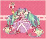  >_o 1girl absurdly_long_hair absurdres aqua_eyes corset detached_sleeves dress flower food food-themed_hair_ornament fork frilled_thighhighs frills fruit gingham_clothes gingham_dress gradient_hair green_hair hair_flower hair_ornament hatsune_miku highres holding holding_fork lolita_fashion long_hair looking_at_viewer low-tied_long_hair macaron multicolored_hair musical_note musical_note_brooch musical_note_print ocado7 one_eye_closed oversized_fork oversized_object polka_dot_footwear red_corset ribbon ribbon-trimmed_hairband smile solo strawberry strawberry_hair_ornament strawberry_miku_(morikura) sweet_lolita thighhighs tongue tongue_out treble_clef twintails very_long_hair vocaloid white_flower 