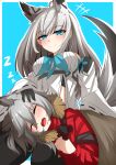  2girls absurdres animal_ears arknights azur_lane bare_shoulders black_gloves black_thighhighs blue_eyes blue_neckerchief closed_eyes closed_mouth commentary_request detached_sleeves fox_ears fox_girl fox_tail fur_trim gloves grey_hair hair_between_eyes headpat highres jacket kawakaze_(azur_lane) lap_pillow long_hair long_sleeves multiple_girls neckerchief open_mouth projekt_red_(arknights) red_jacket sailor_collar shirt simple_background siota1998 sleeping smile tail thighhighs thighs very_long_hair white_hair white_shirt 