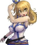  :o amania_orz armpits bare_shoulders belt_pouch blonde_hair blue_ribbon blush bracelet breasts cleavage earrings fairy_tail hair_between_eyes hair_ribbon heart heart_earrings jewelry key large_breasts long_hair looking_at_viewer lucy_heartfilia one_side_up open_mouth pouch ribbon sidelocks solo upper_body v-shaped_eyebrows vest yellow_eyes 