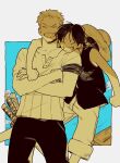  2boys arm_around_shoulder closed_eyes collarbone commentary_request crossed_arms feet_out_of_frame grin haramaki hat katana male_focus monkey_d._luffy multiple_boys numata_(oioioioiai) one_piece roronoa_zoro scar scar_on_cheek scar_on_face sheath sheathed shirt short_sleeves shorts smile straw_hat sword unworn_hat unworn_headwear weapon 
