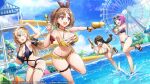  4girls atelier_(series) atelier_ryza atelier_ryza_1 bikini black_hair blonde_hair braid breasts brown_eyes brown_hair commentary_request dolphin_wave eyewear_on_head ferris_wheel frilled_bikini frills helly_lewis highres holding holding_water_gun klaudia_valentz large_breasts long_hair multicolored_hair multiple_girls official_art one_eye_closed open_mouth ponytail reisalin_stout sandals short_hair swimsuit two-tone_hair water water_gun waterpark yamaba_yume yellow_bikini 