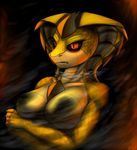  alien amber_eyes anthro arcaya(ionic44) big_breasts breasts cobra female fire frown hi_res ionic44 nude reptile scales scalie signature slit_pupils smoke snake snake_hood solo 