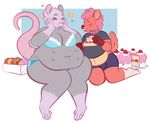  &lt;3 anthro blush bra cake caprine clothed clothing duo facial_piercing female food male mammal mochi-squish mouse nose_piercing obese overweight piercing rodent sheep smile underwear 