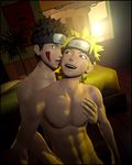  2boys 3d abs bed bedroom blonde_hair brown_hair gnin headband looking_at_viewer male_focus multiple_boys muscle naruto naughty_face nude smile source_filmmaker teeth tongue yaoi 