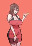  bag bracelet breasts brown_hair cleavage cocktail cocktail_glass commentary cup dress drinking_glass eyeshadow food fruit handbag highres jewelry kjech large_breasts lemon lemon_slice makeup mida_rana necklace red_dress smile thumb_ring yandere_simulator 