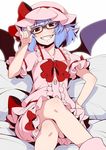  :d adapted_costume adjusting_eyewear bangs bat_wings bed_sheet bespectacled blue_hair blush bow bowtie brown-framed_eyewear center_frills commentary_request crossed_legs eichi_yuu fangs foreshortening frilled_shirt_collar frilled_sleeves frills glasses grin hair_between_eyes hand_on_hip hat hat_ribbon head_tilt looking_at_viewer mob_cap open_mouth pajamas pillow pink_hat pointy_ears puffy_short_sleeves puffy_sleeves purple_wings red_bow red_eyes red_neckwear red_ribbon remilia_scarlet ribbon short_hair short_sleeves sitting smile solo teeth touhou tsurime wings 