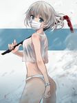  ass bad_id bad_pixiv_id bare_arms bare_shoulders blue_eyes bracelet commentary_request cowboy_shot crowbar from_side jewelry looking_at_viewer looking_to_the_side mask original panties short_hair silver_hair solo swav tank_top underwear white_panties 