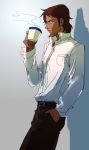  1boy brown_hair collared_shirt dark_skin dark_skinned_male dress_shirt hand_in_pocket hyakujuu-ou_golion iria59 kurogane_isamu long_sleeves looking_at_viewer male_focus mullet pants shirt smile solo steam white_shirt 