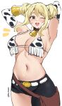  1girl ;d absurdres animal_print armpits asymmetrical_clothes bell bikini bikini_top_only blonde_hair breasts brown_eyes commentary cow_print cow_print_bikini cowboy_shot fairy_tail hands_in_own_hair highres large_breasts lucy_heartfilia navel neck_bell one_eye_closed open_mouth pinepin print_bikini simple_background single_pantsleg smile solo stomach swimsuit teeth upper_teeth_only white_background 