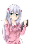  aqua_eyes bow closed_mouth commentary_request eromanga_sensei hair_bow headset izumi_sagiri long_hair pajamas pink_bow silver_hair simple_background solo stylus tablet_pc tear_u upper_body white_background 