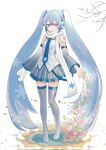  1girl aqua_hair blue_hair blue_necktie blue_trim blush boots chajo1225 closed_mouth commentary_request detached_sleeves earmuffs full_body gradient_hair grey_eyes grey_skirt hair_between_eyes hair_ornament hashtag-only_commentary hatsune_miku headphones headset highres long_hair long_sleeves mittens multicolored_hair necktie pleated_skirt scarf shiny_clothes shirt skirt sleeveless sleeveless_shirt snowflake_print snowflakes solo standing thigh_boots thighs tie_clip twintails very_long_hair vocaloid white_background white_mittens white_scarf wide_sleeves yuki_miku yuki_miku_(2011) zettai_ryouiki 