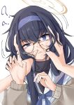  1girl 1other ? ?? absurdres black_hair blue_archive blue_hairband blue_neckerchief blush brown_halo cardigan cheek_squash commentary crossed_bangs glasses grey_cardigan hair_between_eyes hairband halo hands_on_another's_cheeks hands_on_another's_face hands_up highres l_sosn long_hair long_sleeves looking_at_viewer neckerchief purple_eyes round_eyewear sailor_collar school_uniform serafuku simple_background sweater turtleneck turtleneck_sweater ui_(blue_archive) untranslatable_commentary upper_body white_background white_sailor_collar white_serafuku yellow_halo 
