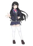  1girl 4uys black_hair black_jacket black_skirt blazer blush_stickers bow bowtie braid brown_cardigan brown_shoes cardigan cardigan_under_jacket collared_shirt commentary full_body grey_eyes grin hair_ornament half_up_braid hand_on_own_hip highres jacket lapels loafers long_hair looking_at_viewer miniskirt nijisanji one_eye_closed pink_bow pink_bowtie plaid_clothes plaid_lapels plaid_skirt school_uniform shirt shoes simple_background skirt smile solo standing thighhighs tsukino_mito tsukino_mito_(1st_costume) virtual_youtuber w white_background white_shirt white_thighhighs zettai_ryouiki 
