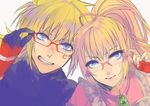  1boy 1girl apron blonde_hair blue_eyes brother_and_sister fingerless_gloves frills glasses gloves lilith_aileron long_hair open_mouth ponytail ribbon stahn_aileron tales_of_(series) tales_of_destiny 
