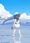  2017 artist_name barefoot beach blue_eyes blue_hair cloud dated day footprints hand_on_headwear hat kantai_collection long_hair looking_at_viewer mihama_machi open_mouth outdoors reflection samidare_(kantai_collection) school_uniform serafuku shirt shoes_removed skirt sky sleeveless sleeveless_shirt solo sun_hat very_long_hair walking 