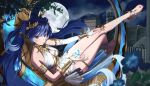  1girl armlet bare_shoulders blue_eyes blue_flower blue_hair blurry bracelet breasts cleavage closed_mouth commentary depth_of_field flower full_moon gold_armlet gold_bra gold_bracelet gold_thighlet hair_ornament highres iuno_(wuthering_waves) jewelry keika_(otsukare) laurel_crown leg_wrap long_hair looking_at_viewer medium_breasts moon night outdoors sitting sky smile solo tacet_mark_(wuthering_waves) thighlet thighs twintails vambraces very_long_hair wuthering_waves 